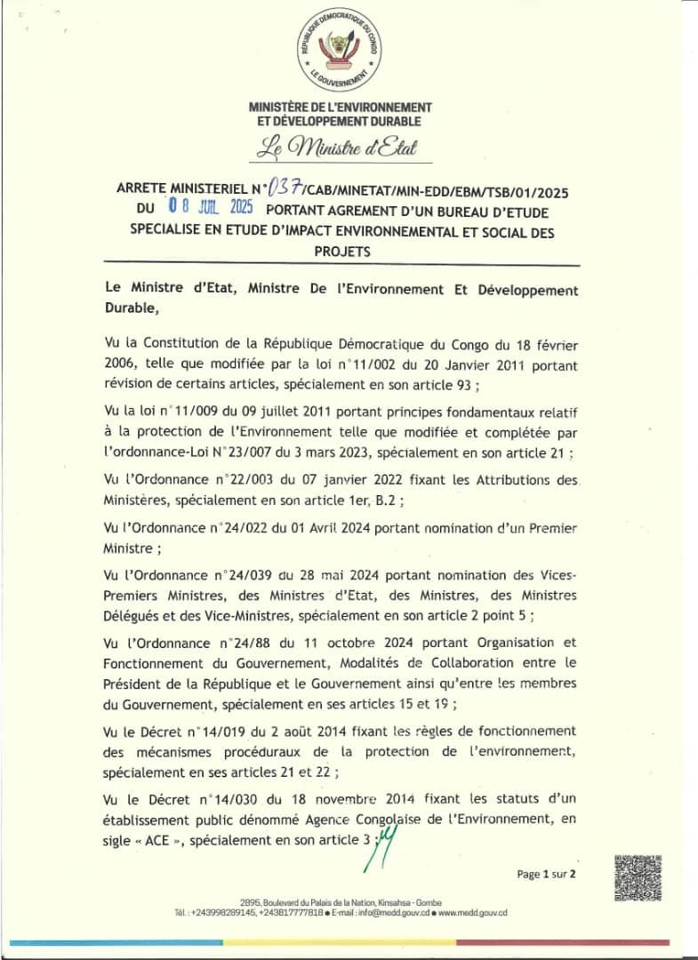 CEGEAU Sarl et CONGO GROUP reçoivent l’agrément ministériel comme bureau d’études en environnement en RDC